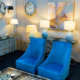 Lampa ceramiczna niebieska HARBIN do salonu w stylu hamptons abażur cylinder 35cm